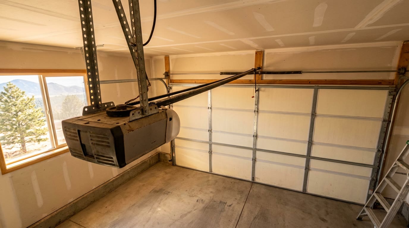 Ceiling-mounted belt-drive garage door opener and rail above a closed sectional door in a Colorado Springs residential garage.