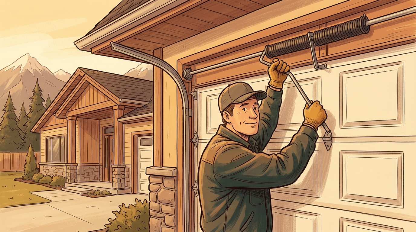 Technician replacing a garage door torsion spring at a Colorado Springs home, illustrated