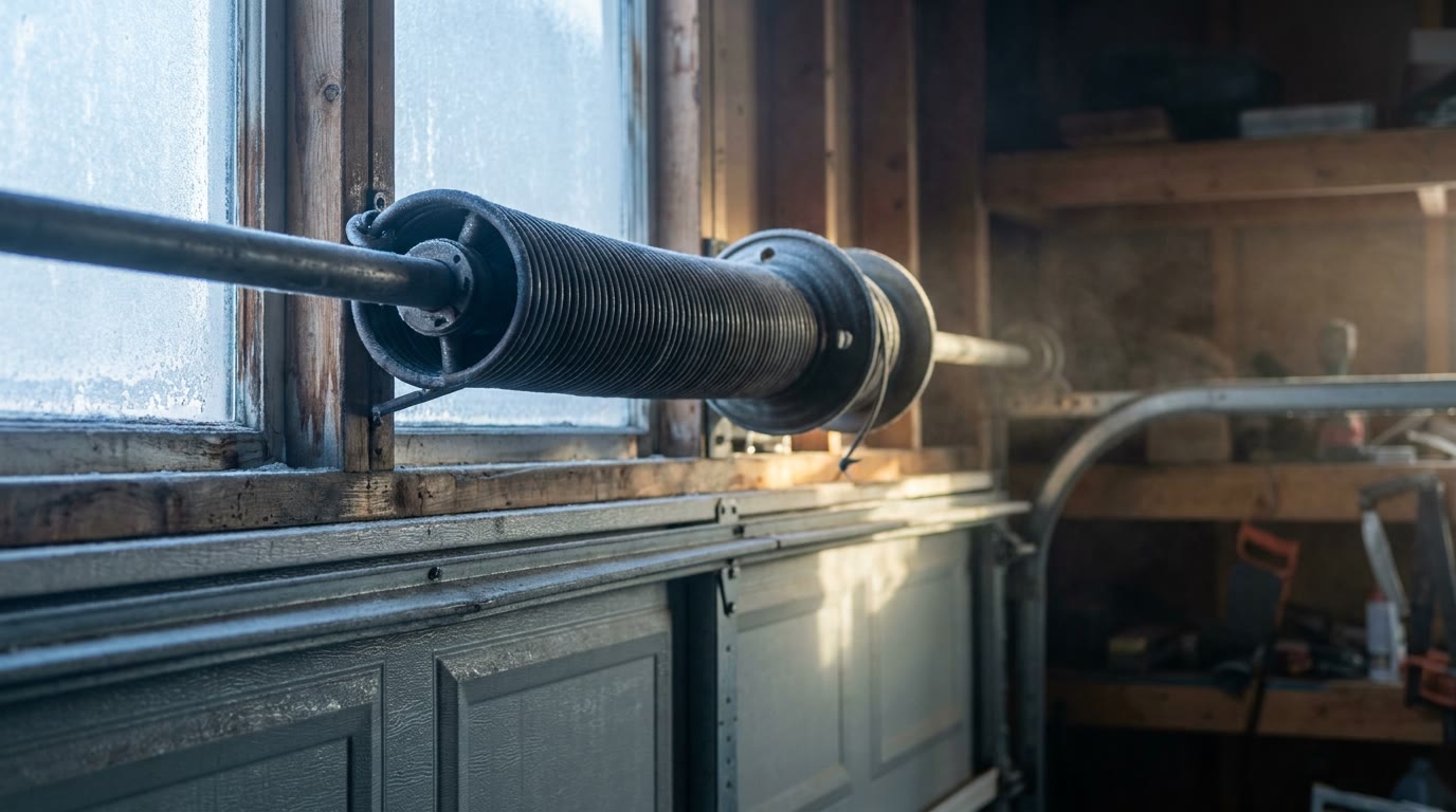 Coiled torsion spring and cable drum on the header shaft above a closed garage door in a cold Colorado Springs garage, frost on the windows.