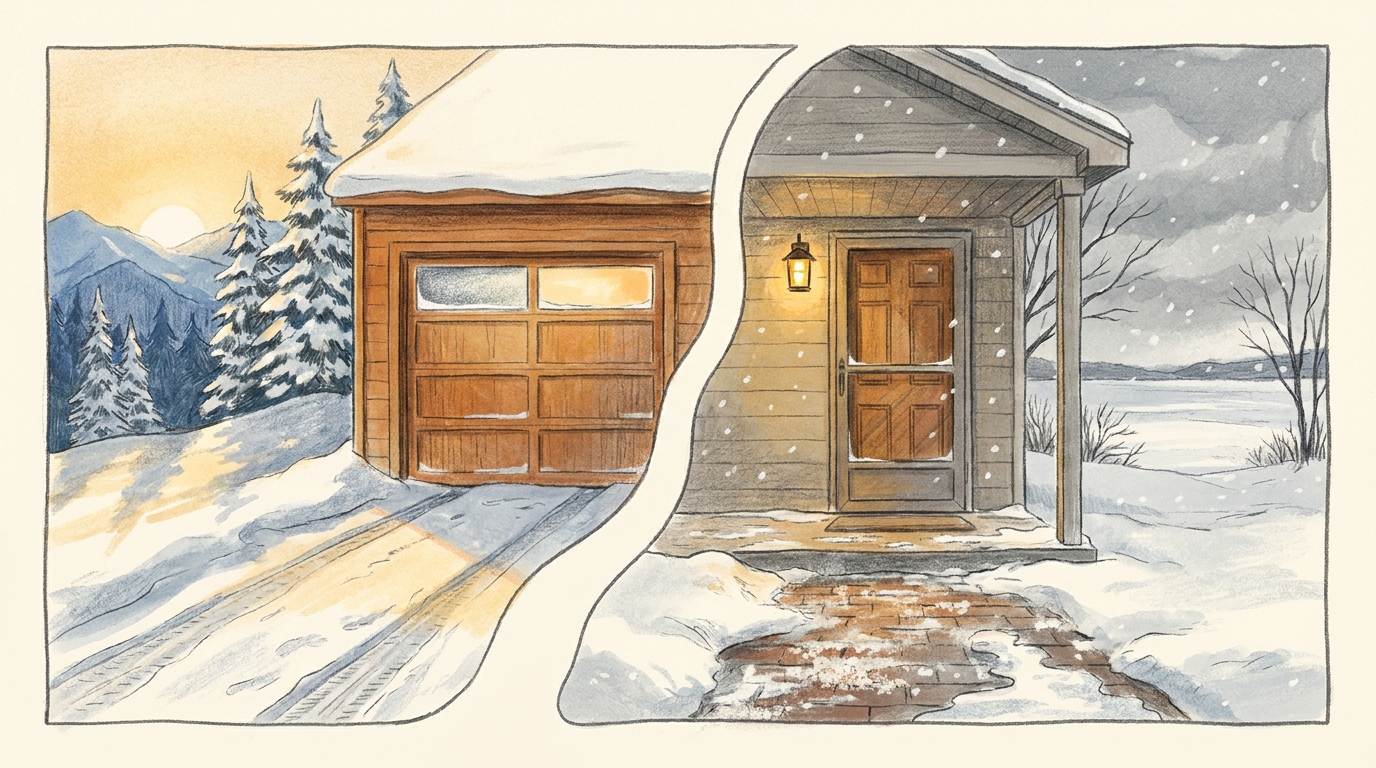 A split illustration comparing a snowy Colorado garage door beside mountains with a salted, snow-dusted Michigan front entry door on a winter porch.