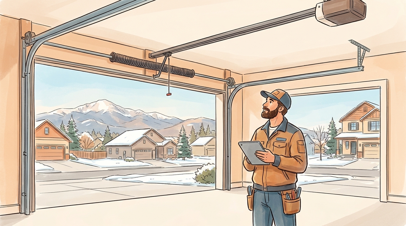 Illustration of a garage door technician inside an open residential garage in Colorado Springs, looking up at the torsion spring bar above the door opening and the ceiling-mounted opener rail.
